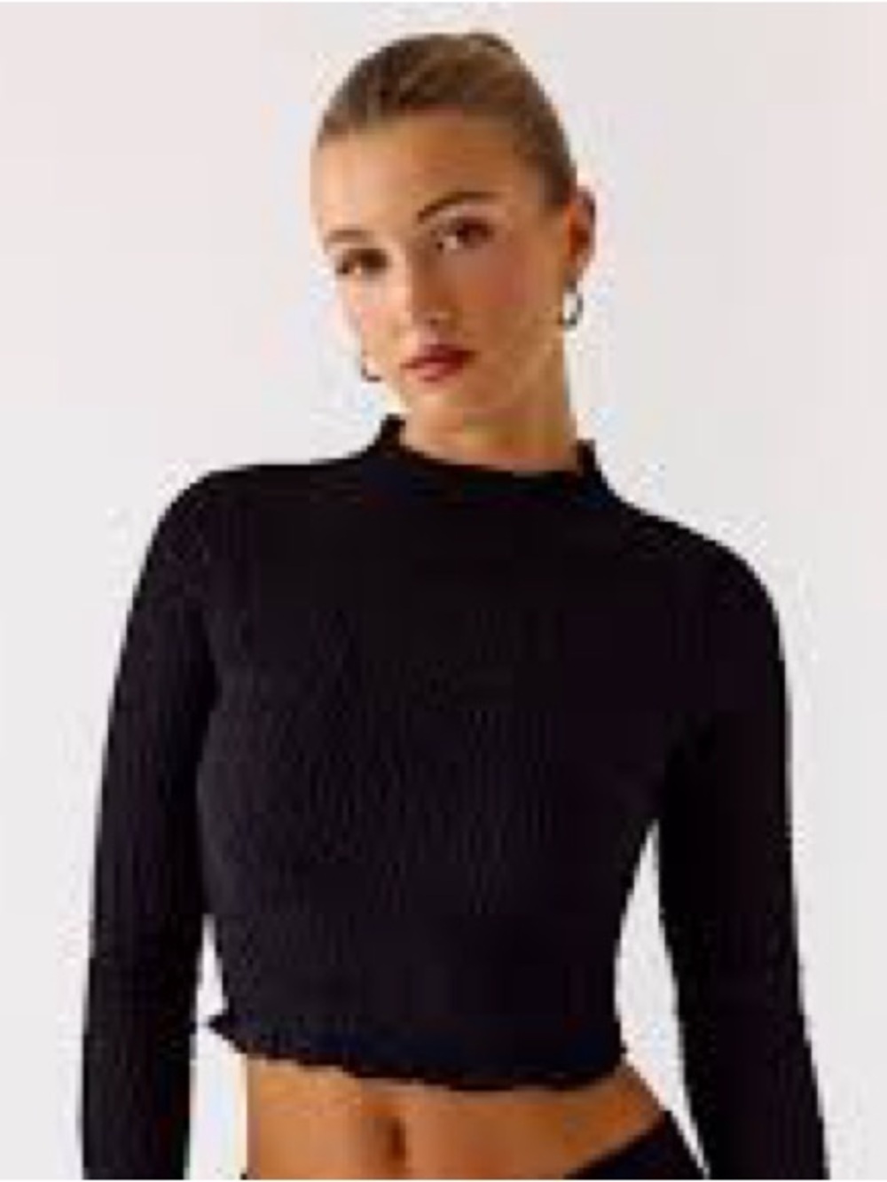 Women's Black Ribbed Long-Sleeve Crop Top with Flared Cuffs
